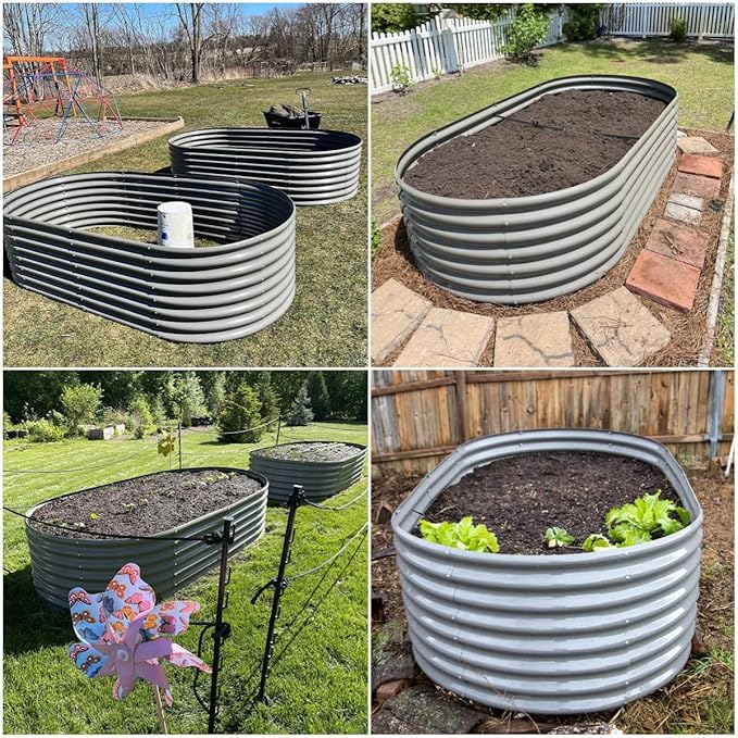 A ANLEOLIFE 8x4x2ft Galvanized Raised Garden Bed Kit, Oval Metal Deep Root Planters for Outdoor Plants Vegetables Flowers Herb, Large Bottomless, 478 Gallon Capacity- Quartz Grey AAnleolife