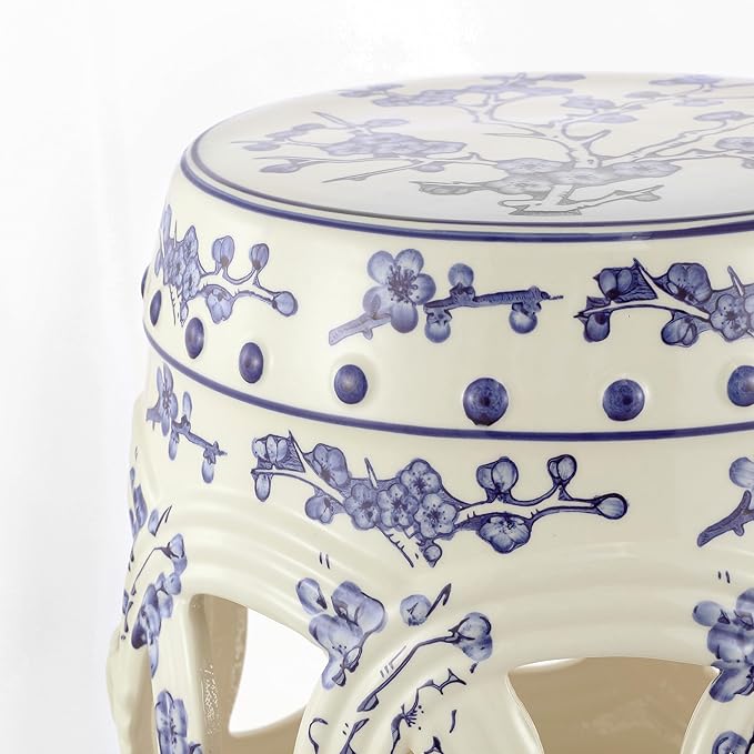 JONATHAN Y TBL1027A Lucky Coins 16" Chinese Ceramic Drum Indoor/Outdoor Garden Stool Bohemian, Coastal, Classic, Cottage, French Country, Patio, Garden Room, Bathroom, Living Room, Blue/White JONATHANY