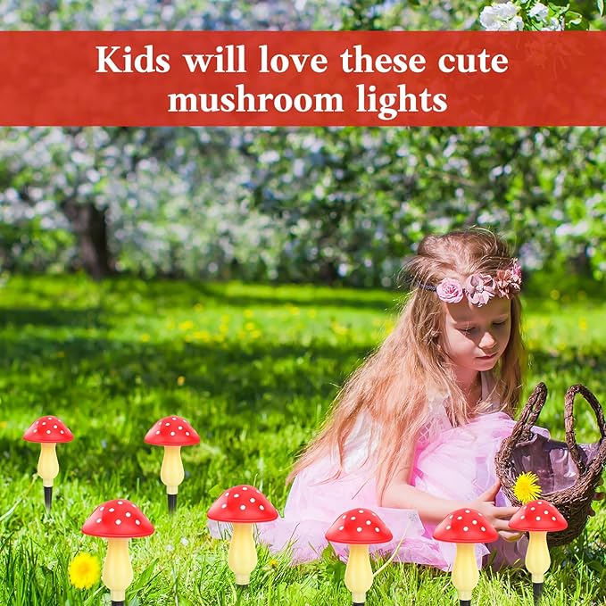 Mushroom Solar Lights Outdoor Waterproof, Whimsical and Cute Solar Mushrooms Stake Lights for Outside with 8 Lights and 8 Modes for Fariy Garden Yard Lawn Path Planter Flower Bed Decor (Red) ReyeeInc