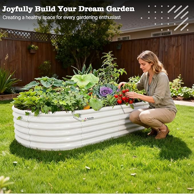 A ANLEOLIFE 8X4X1.5 ft Galvanized Raised Garden Beds Outdoor, Oval Large Metal Planter Box for Planting Vegetables Flowers Herb, Anti-Rust & Easy-Setup, Antique White AAnleolife