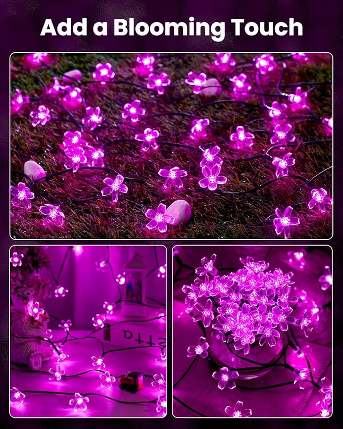 Brightown 2 Pack Total 52FT 120 LED Flower Solar String Lights Outdoor Waterproof Fairy Lights for Garden Yard Fence Patio Christmas Tree Wedding Party Decor, Pink Brightown