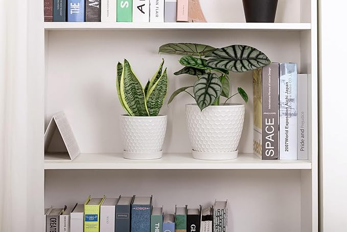 Docrin Ceramic Plant Pots Set of 2 (6.6"+5.5"), High-Fired Clay Indoor Planters with Drainage Holes & Saucer, Honeycomb Modern Home Decor for All House Plants DOCRIN
