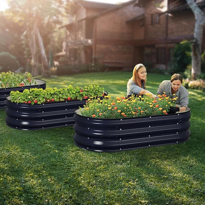 Raised Garden Bed Kit, 4x2x1 ft Galvanized Planter Box Outdoor with Safety Edging, Large Metal Raised Beds for Gardening Vegetables Flower Herb (Navy Blue) Winpull
