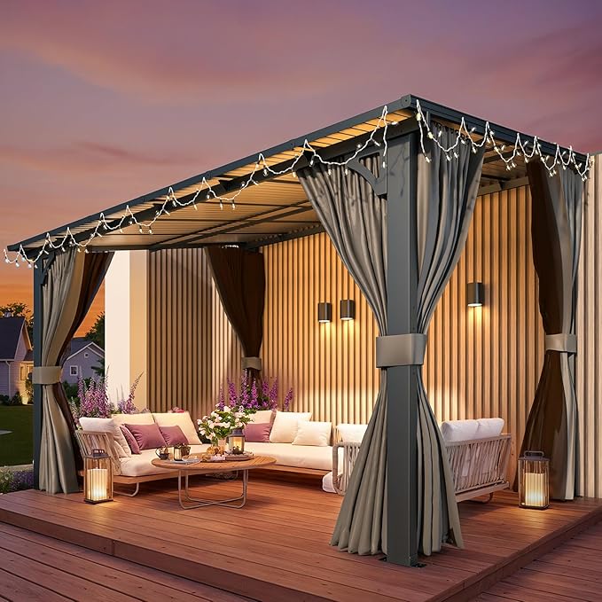 AECOJOY 12' x 8' Gazebo Outdoor Pergola with Curtains and Netting, 8'x12' Hard Top Lean to Pergolas and Gazebos Clearance with Patio Roof, Large Wall-Mounted Heavy Duty Awnings for Patio, Decks AECOJOY