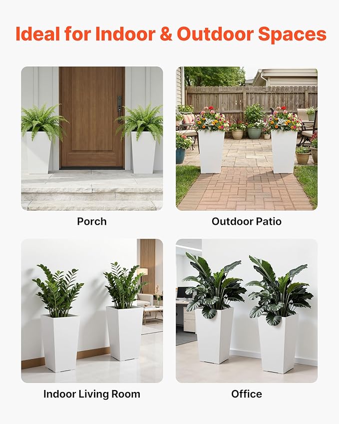 VEVOR Set of 2 Tall Planters for Outdoor Plants 22 inch, White Tall Planter for Indoor Plants, Modern Planters for Front Porch Patio Balcony, Plant Container Flower Pots with Built-in Drainage VEVOR