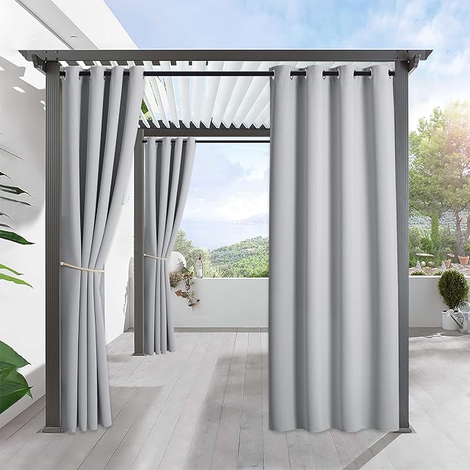 RYB HOME Outdoor Curtains for Patio Waterproof Block Sunlight Thermal Insulated Privacy Assured Thick Outside Curtains for Pergola, Deck, Gazebo, W52 x L108, Light Grey, 1 Panel RYBHOME