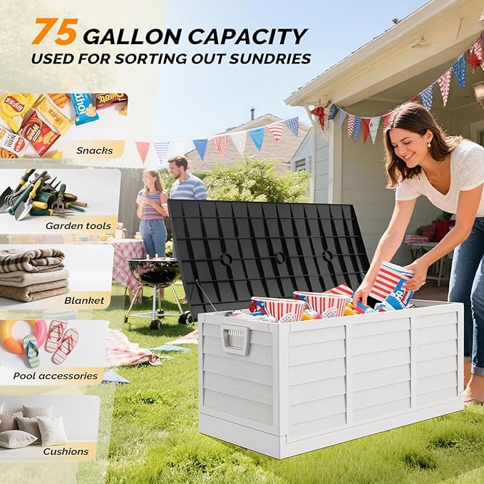 VINGLI 75 Gallon Collapsible Outdoor Storage Box, Simple-to-assemble Plastic Storage Containers with Lid, Patio Deck Box Furniture for Garden, Pool, Balcony, Yard (White) VINGLI