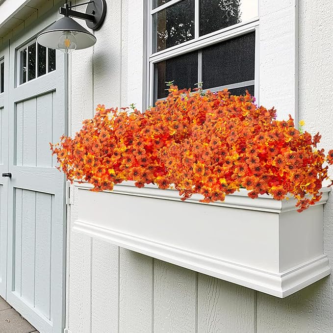 16 Bundles Artificial Fall Flowers for Outdoors Fake Plants UV Resistant Plastic Plants Shrubs Bushes for Home Fall Front Door Porch Garden Autumn Decor (Fall Orange) Grunyia