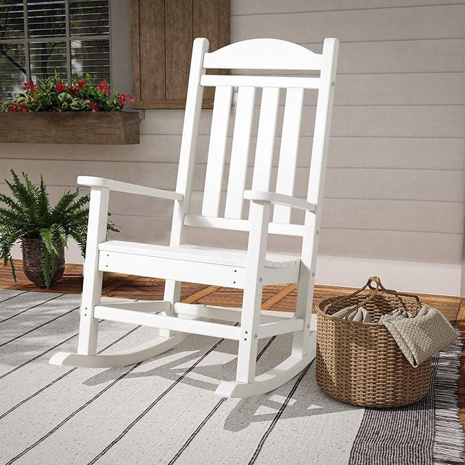 Devoko HDPE Rocking Chair Plastic Outdoor Indoor Patio Rocker Chair High Back All Weather Rocker for Patio Backyard Porch Garden (White) DEVOKO