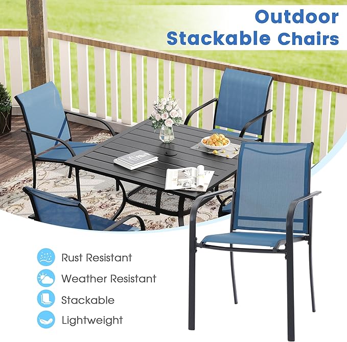 VICLLAX Patio Dining Set for 6, Outdoor Furniture Set Includes 63" Rectangle Patio Table and 6 Patio Stackable Chairs, Outdoor Table and Chairs for Outsides, Black Tabletop and Blue Fabric HOME