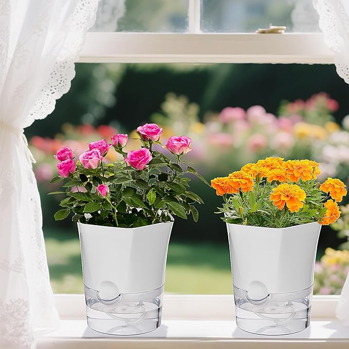 KIMCHOMERSE Self Watering Plant Pots, 6 Inch Orchid Pots, 3 Pack Flowers Pot Indoor Planter Pots with Tray for Spider Plant, Orchid, African Violet -White KIMCHOMERSE