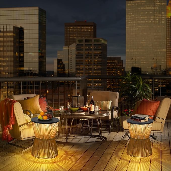 HMVPL Solar Outdoor Side Table with Dimmable Light, Patio Side Tables for Outside, Round Outdoor End Tables Set of 2, Plastic Rattan Patio End Accent Table for Poolside Backyard Gazebo, Dusk to Dawn HMVPL