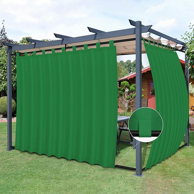 Easy-Going Outdoor Patio Curtains Detachable Tab Top Windproof Weatherproof Curtain for Cabana, Porch, Pergola and Gazebo, Tab Bottom Drape, 2 Panels, 110W x 108L inch, Green Easy-Going