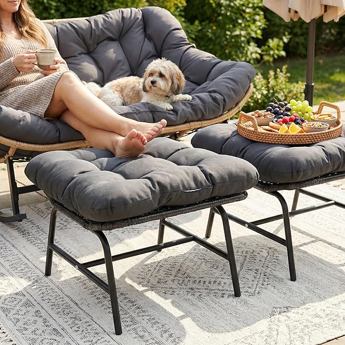 NICESOUL Indoor Outdoor Ottoman Set of 2, Large Wide Double Patio Footstool, PE Rattan Thicken Cushioned Footrest, All-Weather Wicker Furniture for Balcony, Porch, Living Room, Egg Chair, Grey NICESOUL