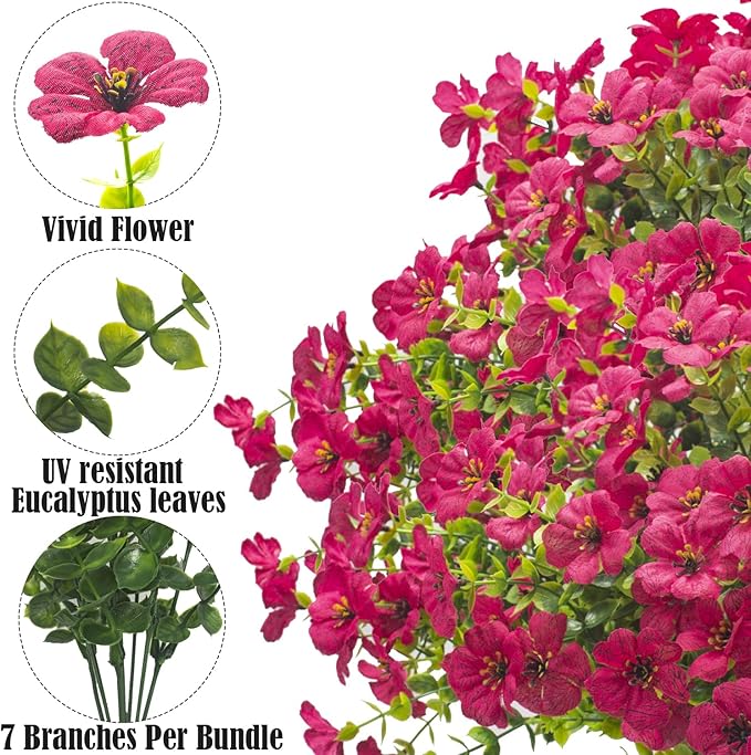 Artificial Fake Flowers for Outdoor Spring Decoration, 16 Bundles Faux Silk Colorful Daisy UV Resistant Realistic for Outside Porch Patio Home Yard Garden Planters Pots Window Box (Rose Red) Grunyia