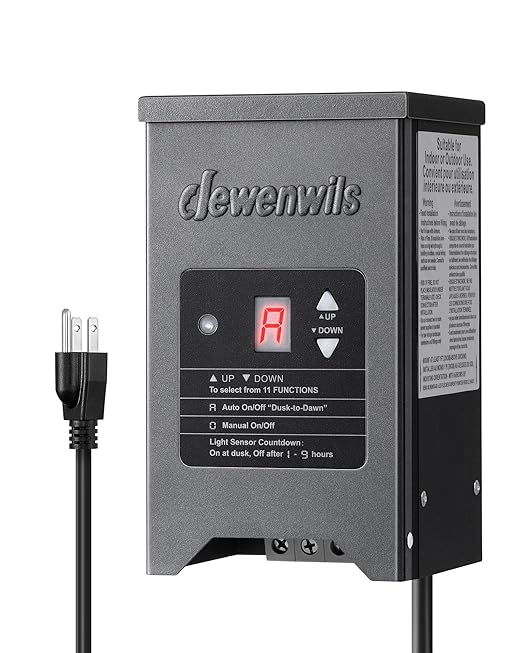 DEWENWILS 150W Low Voltage Landscape Lighting Transformer, 120V to 12/15V AC, Metal Shield, Outdoor Low Voltage Landscape Transformer, Photocell & Timer, Landscape Lighting Transformer DEWENWILS