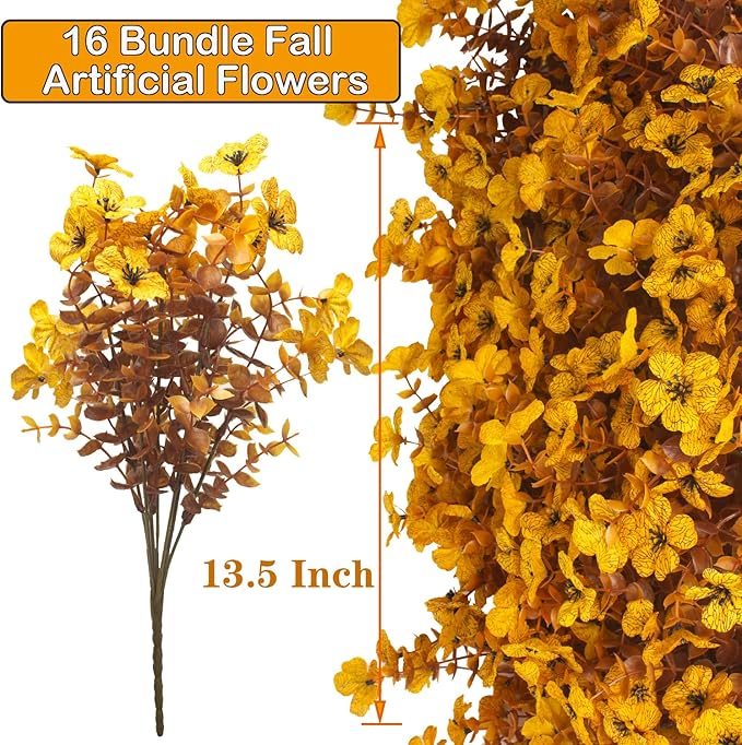 16 Bundles Artificial Fall Mums Outdoor UV Resistant, Fake Silk Plants No Fade Faux Greenery for Garden Porch Patio - Autumn Thanksgiving Christmas Home Decor (Fall Yellow) Grunyia