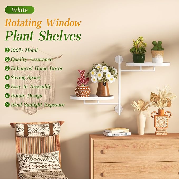 Window Rotating Plant Stand Shelf Indoor White Metal Floating Shelves 2-Tier Wall Mount Plant hanger Holders for Wall Planter Modern Home Decor window sill gifts YQSLYSF