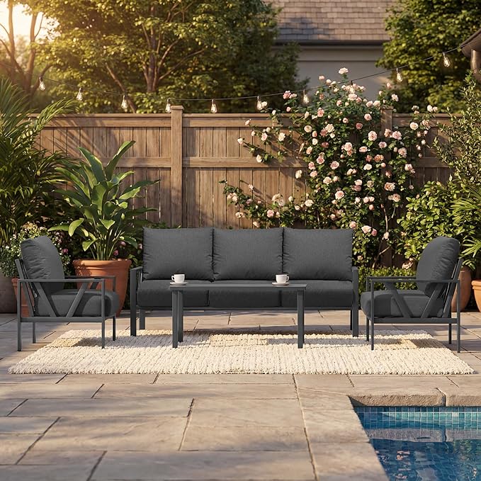 Outdoor Patio Furniture Set, 4 Pieces Metal Patio Furniture Set with Coffee Table, Modern Outdoor Patio Conversation Seating Set, Grey COMLAXFIELD