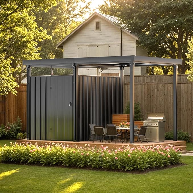 Patiowell 2-in-1 Outdoor Storage Shed, 7' x7' Galvanized Steel Metal Shed with 7' x 7' Porch Pergola Gazebo Outdoor Studio Open-Sided Firewood Shed for Backyard Patio Garden Lawn Patiowell