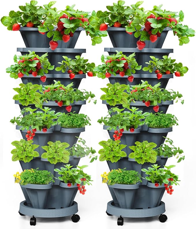 7 Tiered Strawberry Vertical Planter 2 Pack, Stackable Tower Garden Planter Herb Garden Planter with Movable Casters and Bottom Saucer Indoor and Outdoor - Dark Grey Tectsia
