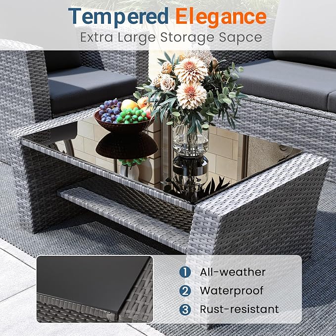 Wisteria Lane 5 Piece Patio Furniture Set, Wicker Outdoor Patio Conversation Furniture Set, All Weather Outdoor Patio Sofa with Cushion and Glass Table, Dark Grey WisteriaLane