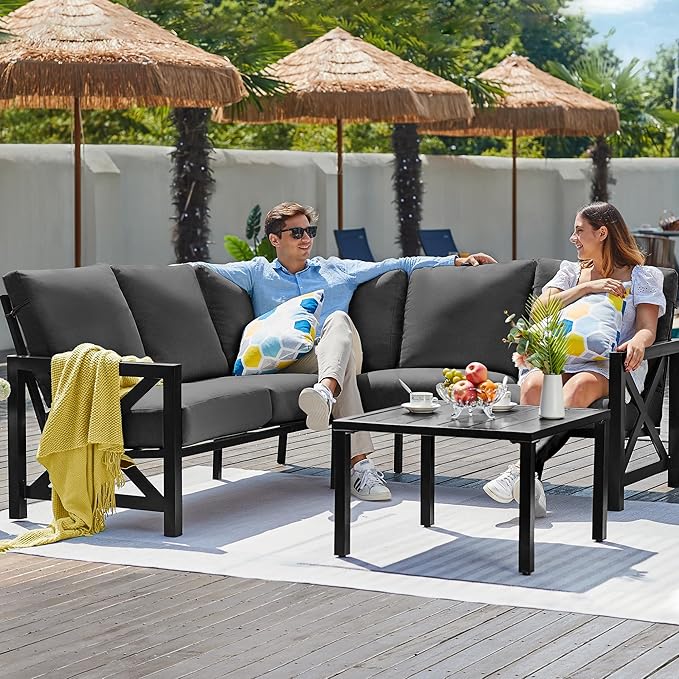 NATURAL EXPRESSIONS 6 Pieces Patio Furniture Sets, Metal Outdoor Sectional Furniture L Shape Patio Conversation Sets,Highback Frame,Metal Table,Large Waterproof Cover, 6.5" Olefin Cushions,Dark Grey NaturalExpressions