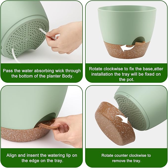 Plant Pots 10/9/8 Inch Self Watering Pots, Set of 3 Plastic Planters with Drainage Holes and Saucers,Plastic Flower Pots,Nursery Planting Pot for Indoor Out Door Plants（Green） QRRICA