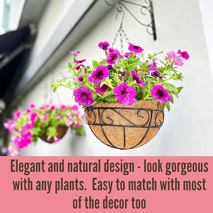 LaLaGreen Hanging Planter for Outdoor Plants (14 Inch, 6 Pack) Hanging Baskets with Coco Liner, Black Metal Wire Flower Basket Pots with Hook Hanger Balcony Porch Farmhouse Country Style Garden Decor L%C3%A1L%C3%A1Green