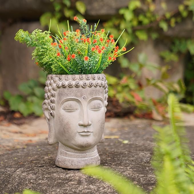 Buddha - Face Flower Pot - Head Planters - Garden Statue - Cactus Succulents Planter Pot Indoor Outdoor Planter with Drainage Hole Unique Garden Farmhouse Decor 6.25*6.5*8.25 Inch Newman House Studio NewmanHouseStudioLLC