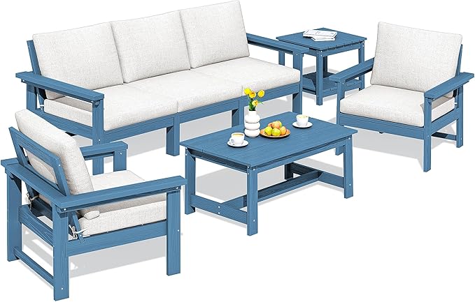 SERWALL HDPE Patio Furniture Set, 7-piece Outdoor Sectional Sofa Set, All Weather Outdoor Couch Set for Deck, Lawn, Blue Frame with Khaki Cushion SERWALL