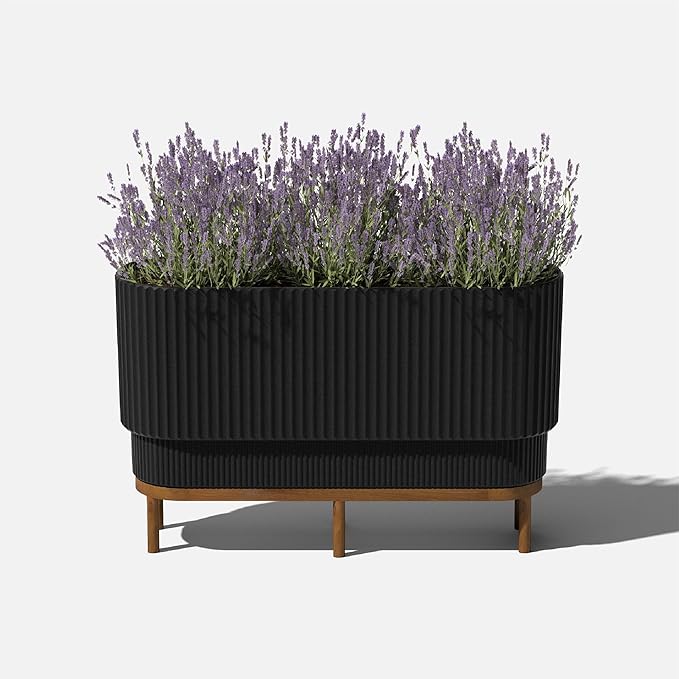 Veradek Demi Series Raised Long Planter for Indoor/Outdoor Use | Made from Plastic & Stone w/Wooden Stand | Modern Patio Décor for Flowers/Shrubs VeradekOutdoor