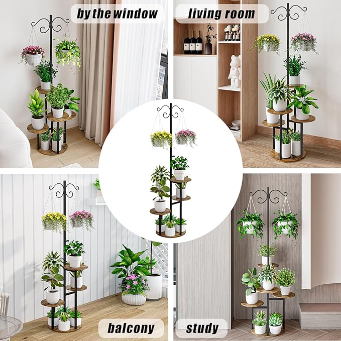 Plant Stand Indoor 5 Tier 8 Potted with hook hanging basket Multiple Flower Pot Holder for Patio Garden Balcony Living Room Corner (5 Tier with hook Black+Rustic Brown) INGIORDAR