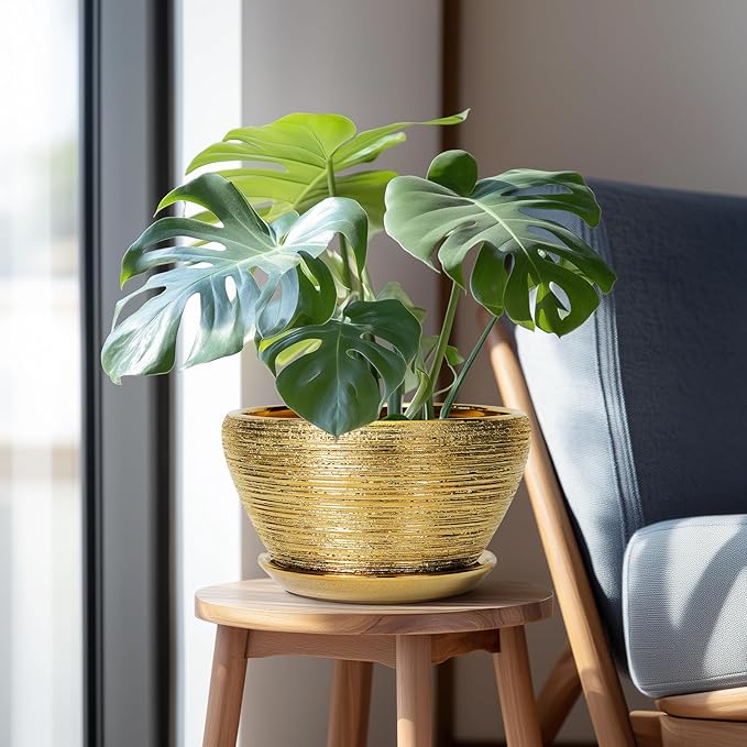Ceramic Planter 11 Inch - Indoor Plant Pot with Drainage Hole and Saucer Large Planter for Outdoor Plants Mid-Century Decorative Flower Pot for Home Decor Gold Ceramicfor