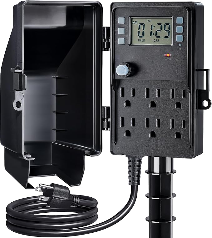 SURAIELEC Outdoor Power Stake, 7-Day Programmable Digital Timer, Power Strip Weatherproof, 6 Multi Plug Electrical Outlet Waterproof, 6FT Extension Cord for Outdoor Light, Outside Halloween Decoration SURAIELEC