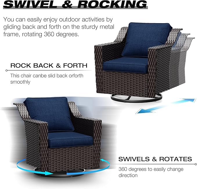 Joyside Wicker Patio Furniture Sets, 8 Pieces Upgraded Large Size Outdoor Furniture with 4 Swivel Rocking Patio Chairs, 3-Seat Sofa, Fire Table, Coffee Table, Thick Cushions, Wide Armrest, Blue Joyside