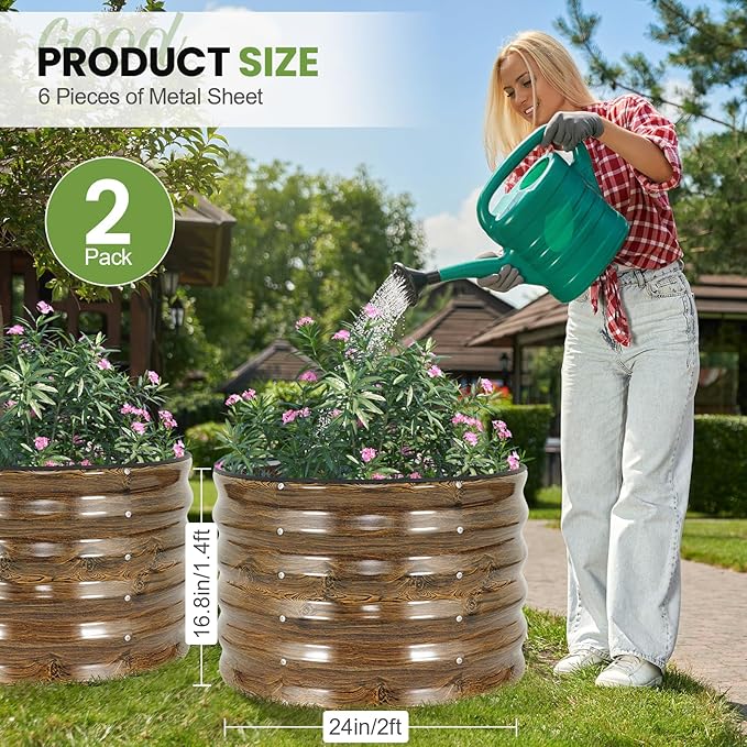 G GOOD GAIN Round Raised Garden Bed - 2x2x1.4ft Galvanized Steel Planter Boxes Outdoor with Rubber Edge Trim | Metal Raised Beds for Gardening Vegetables Flowers Fruits Herbs (Wood Grain) GGOODGAIN