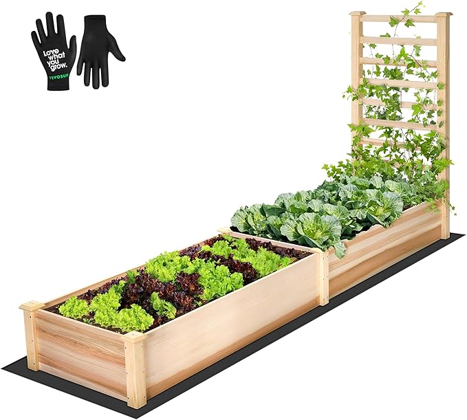 VIVOSUN Wooden Raised Garden Bed, 48 x 24 x 30 Inches, Outdoor Wood Planter Box with Gloves and a Liner, with Trellis for Vine Climbing for Garden, Patio, Balcony, Backyard and Outdoors VIVOSUN