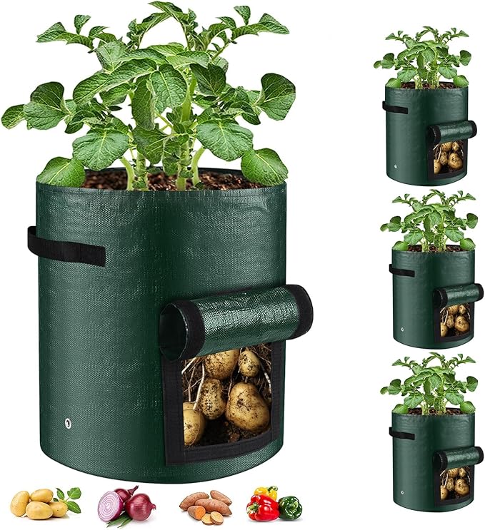 10 Gallon 3-Pack Potato Grow Bags, Heavy Duty PE Fabric Pots with Flap and Handles, Green Planter Bags for Potato Vegetables Outdoor Garden, 17.7''x13.8'' Large for All Plants Growing Lifeisbetterinthegarden