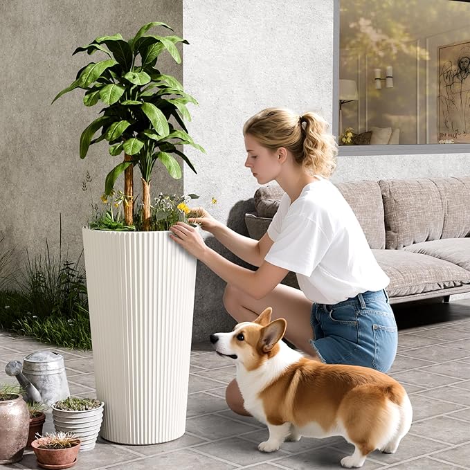 23.6" Tall Planters for Outdoor Plants,Large Outdoor Planters for Front Porch Decor with Drainage Hole, Flower Pots Fits Indoor Plants Patio/Garden, Plastic Striped White (2 Pack) Outdoorchairs