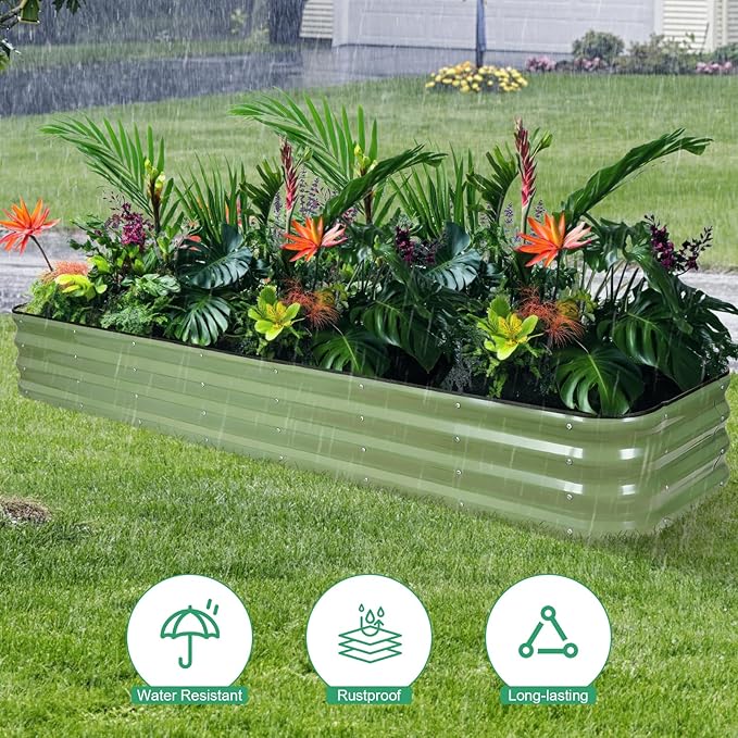 1MORE Raised Garden Bed -8X2X1 Galvanized Planter Box for Outdoor Gardening,5 in 1 Modular Raised Bed Kit with Protective Tape, Gloves for Herb,Ideal for Vegetables and Plants.Green-2pack 1MORE