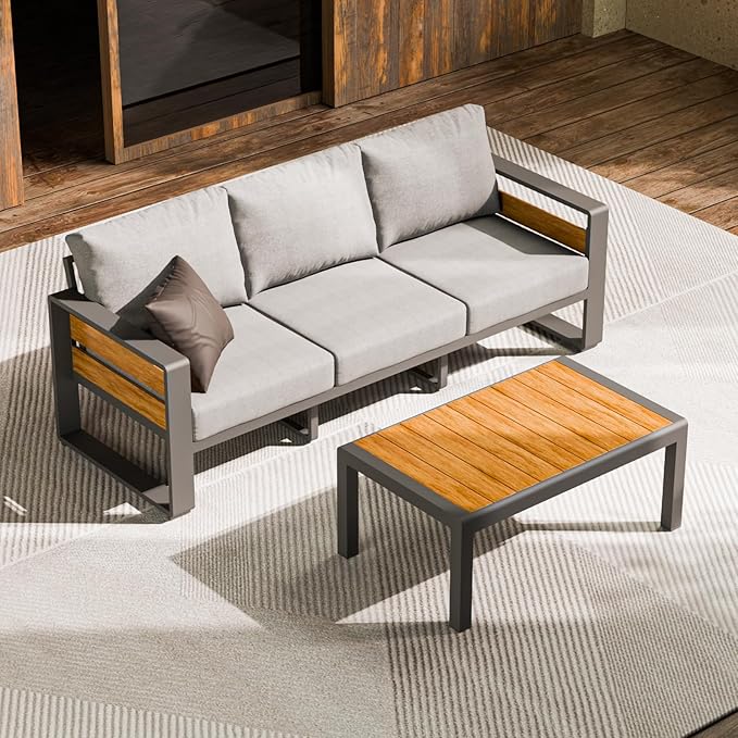ZANDOR Aluminum Outdoor Patio Furniture - 1 Pcs 3-Seat and Coffee Table, All-Weather Metal Modern Outside Furniture with Washable Thick Cushion for Garden/Backyard/Porch, Grey ZANDOR%7CCraftingYourOutdoorElegance