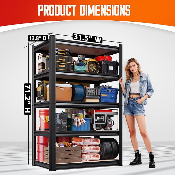 Set of 2 71"H Garage Shelving-5 Tier Garage Storage Shelves,Adjustable Heavy Duty Metal Shelving Unit and Storage Large Rack,Utility Steel Shelf For Warehouse Industrial Pantry Basement 71"x32"x14" Rootora