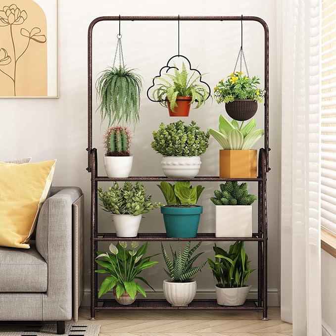 SORCEDAS Plant Stand Indoor Outdoor 3 Tier Tall Corner Hanging Shelf Metal Flower Stands Ladder Holder for Living Room Balcony Garden Patio Multiple Plants, Bronze SpecialYourHome