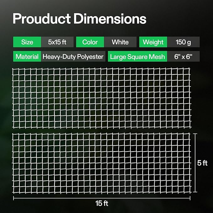 VIVOSUN 5 x 15 ft. Plant Trellis Netting, Heavy-Duty Polyester Grow Net, Garden Trellis Netting with Square Mesh for Climbing Plants, Vegetables, Fruits, and Flowers, 4-Pack VIVOSUN