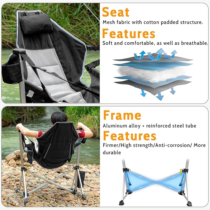 Romswi 2-Pack Aluminum Hammock Chair with Footrest, Oversized Portable Folding Swinging Chair with Adjustable Back & Seat, Lightweight Rocking Camp Chair Supports 440lbs for Outdoor, Patio - Black Romswi