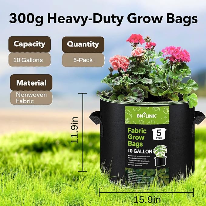 BN-LINK 5-Pack 10 Gallon Grow Bags, Heavy Duty Aeration Fabric Pots with Handles, Thickened Nonwoven Plant Bags for Vegetables, Flowers, Fruits BN-LINK