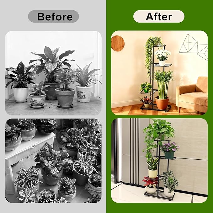 Plant Stand Indoor Outdoor, Corner Metal Plant Stands, Heavy Duty Tall Planter Shelf for Multiple Plants, Flower Pot Holder for Patio Garden Balcony Living Room (Black, 4 Tier-5 Potted) Rootora