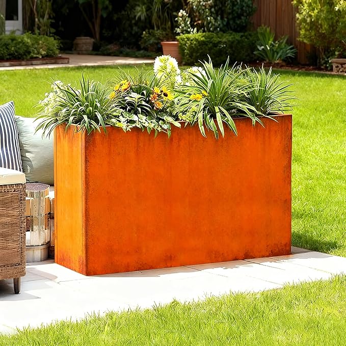 Corten Steel Outdoor Planter Box 32" x 15" x 24" for Outdoor Plants Metal Rectangle Planter Spliced Flower Box with Partitions for Outside,Indoor,Garden (Corten, 32 * 15 * 24) DISCOVERINGBEAUTY