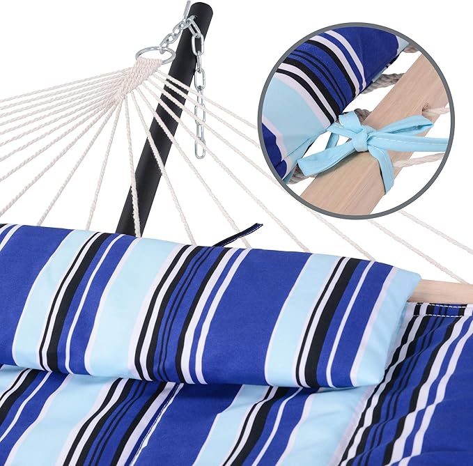 SUNCREAT Double Hammock with Stand, Two Person Cotton Rope Hammock, Blue Stripe SUNCREAT